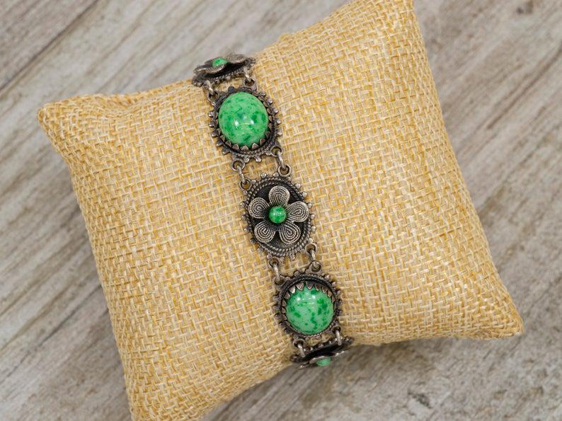 Antique Silver & Green Peking Glass Bracelet (1 of 5)