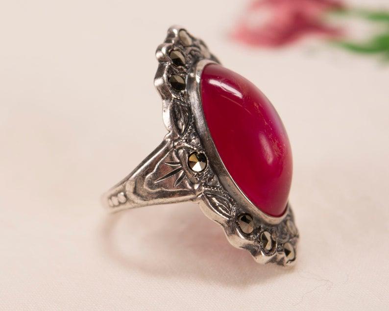 Art Deco Sterling, Marcasite & Pink Cabochon Ring (1 of 9)