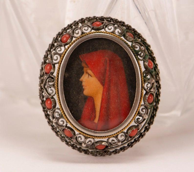 Italian 800 Silver & Coral Portrait Brooch (1 of 7)
