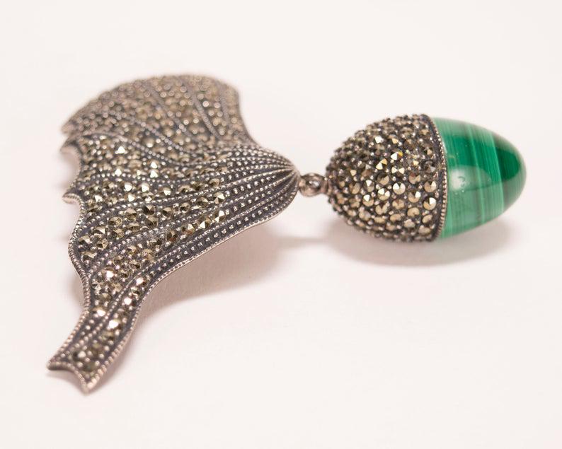 Sterling Marcasite & Malachite Acorn Dangle Brooch (1 of 6)
