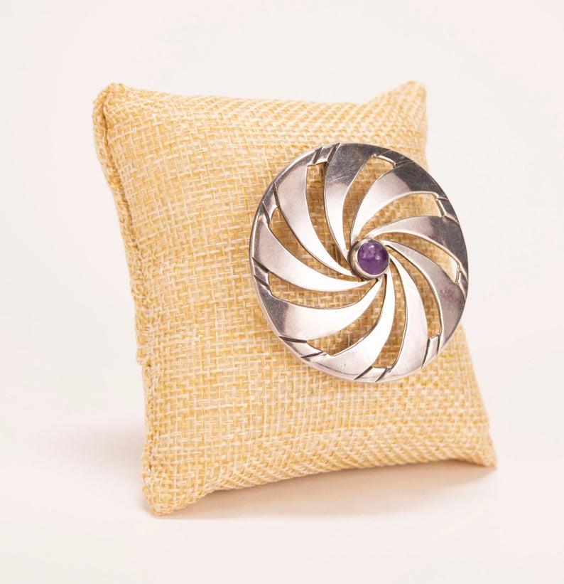 Signed Mexican Sterling & Amethyst Pinwheel Brooch (1 of 4)