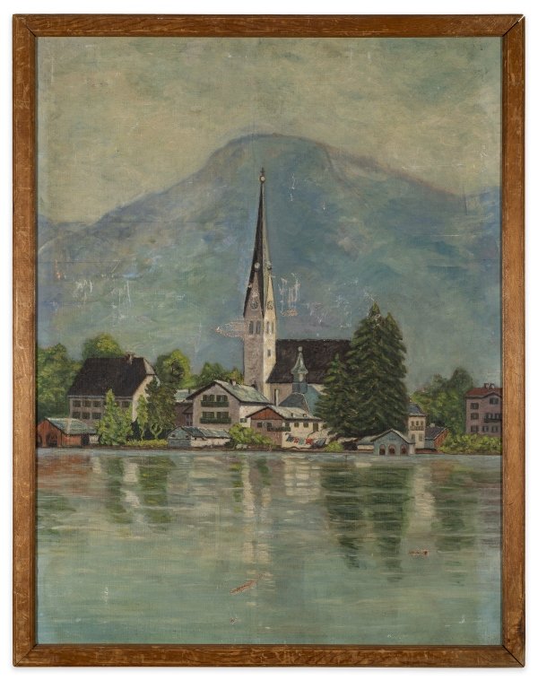 Antique Landscape Oil Painting: Framed landscape oil painting on canvas features Steeple church on lake. No noticeable signature.Age, wear, imperfections. Height: 27"; Width: 14". SHIPPING $ 50 Standard (within Continental US) provi