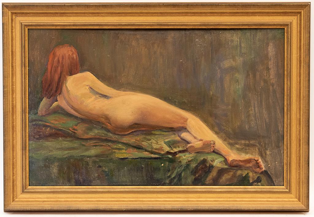 William R. Watkins Oil Painting, Nude: Item/Description: Oil painting featuring a reclining nude from the estate of W. Reginald Watkins (1890 - 1985) . Info of artist on back. Material: Oil on board. Dimensions: Image size: Height: 19 1/4"