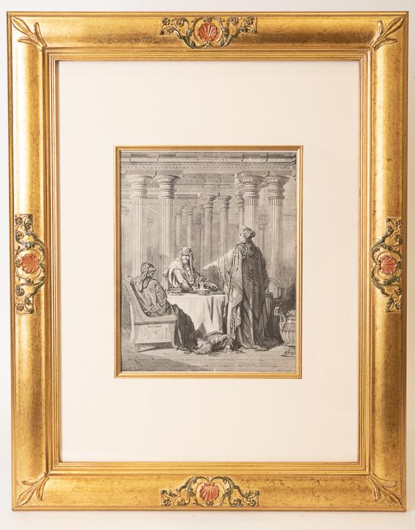 After Gustave Dore, Esther Confounding Haman: Item/Description: "Esther Confounding Haman" Engraving by A. Ligny after Gustave Dore. Certificate of Authenticity on back. Material: Print engraving framed under glass. Dimensions: Image size: Height