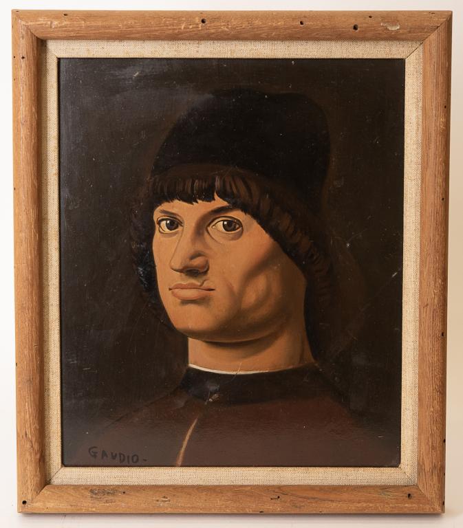 Signed Portrait of a Man, After Raphael: Item/Description: Portrait oil painting. Signed lower left: Gaudio-. Material: Oil on Board. Wood and linen frame. Dimensions: Image size: Height: 11 1/2"; Width: 9 1/2". Framed: Height: 14"; Width: 1