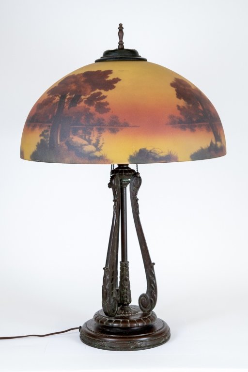Bronze Table Lamp with Reverse Painted Antique Reverse Painted Glass Shade