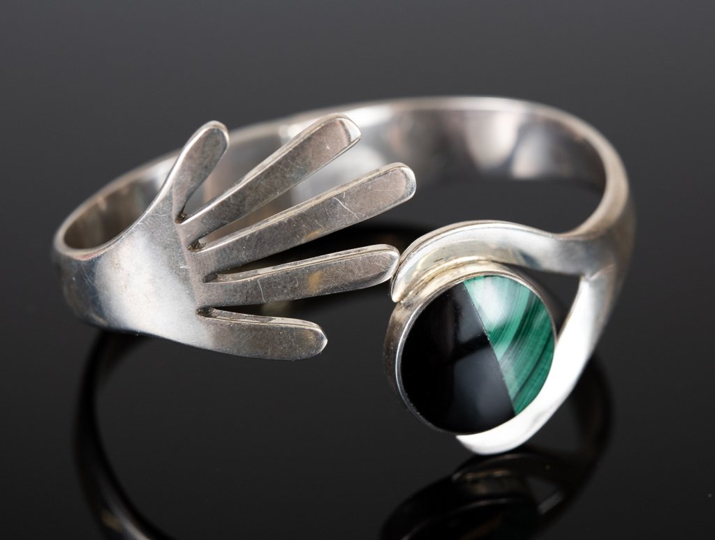 Taxco Sterling, Onyx & Malachite Hinged Cuff (1 of 3)