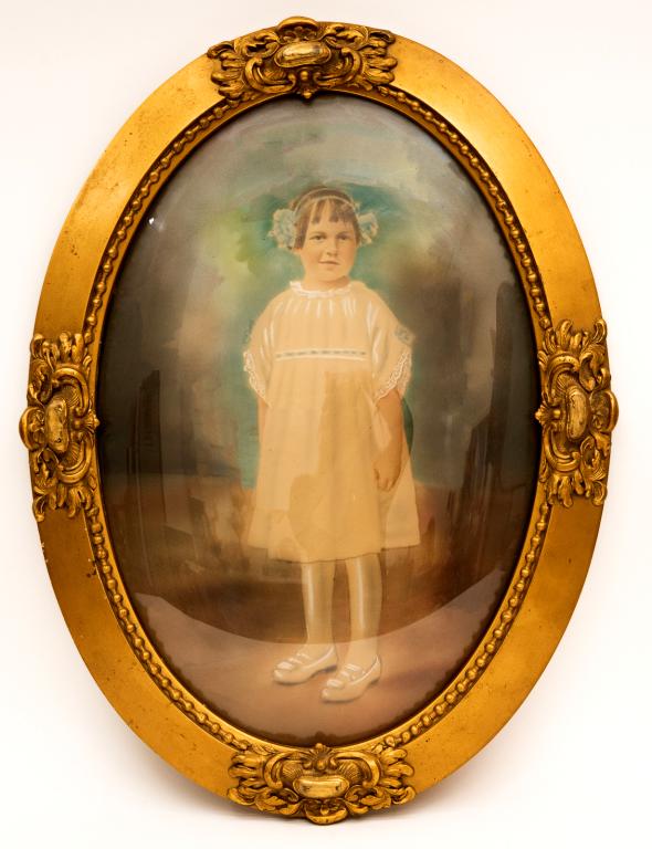 Antique Watercolor Painting of Young Girl: Item/Description: Primitive oval framed portrait of a young girl. Painting under convex glass. Unknown artist, no noticeable signature. Material: Watercolor and chalk. Dimensions: Image size: Height: 