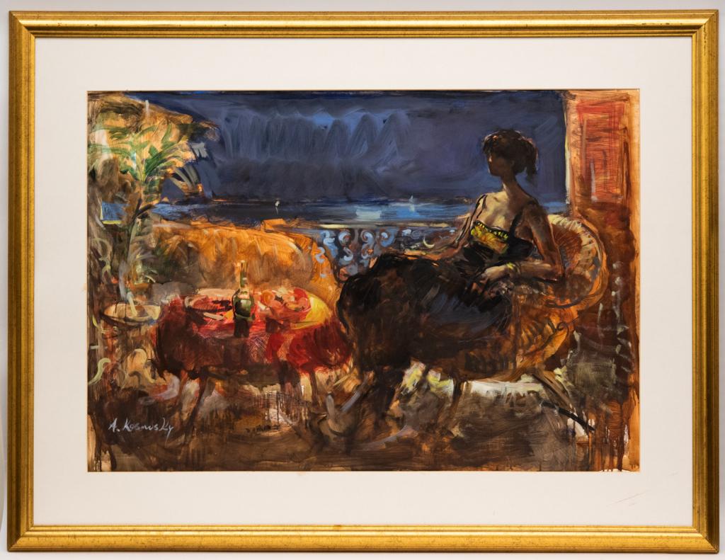 Avinoam Kosowsky (Israeli, B. 1949): Item/Description: Painting features woman sitting at table at night. Signed lower left: A. Kosowsky. Avinoam Kossovsky, painter and designer, born 1949, Tel Aviv. Designed stage-sets for television, t
