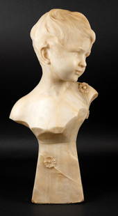 Dante Zoi (19/20th century) Alabaster Bust: Item/Description:Child's Bust In Alabaster Signed on back D. Zoi. Dante Zoi worked at the famed workshops of Romanelli and Lapini in Florence in the early 20th century. The style of his sculptings