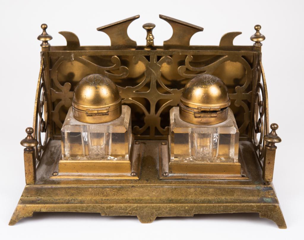 Antique Brass Double Inkwell Desk Stand (1 of 14)