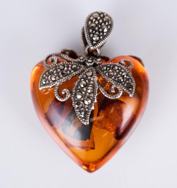 Sterling Marcasite Amber Heart Pendant (1 of 3)