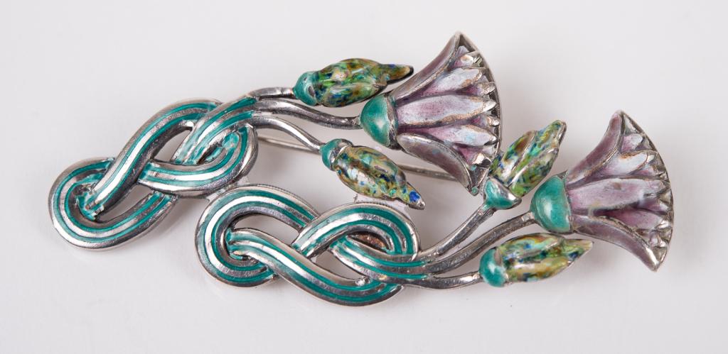 Margot de Taxco Silver Enamel Flower Pin: Item/Description: Margot de Taxco Silver Enamel Flower Pin. Exquisite pin from famed Mexican designer, Margot de Taxco. Composed of stylized flowers on the vine in soft hues of lilac, green and turquo