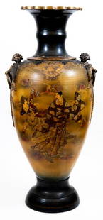 Antique Large Satsuma Floor Vase: Item/Description: Magnificent Satsuma vase. Scalloped upper rim and phoenix form handles. Elaborately decorated in raised enamel with warrior figural genre scenes to both side panels. No noticeable