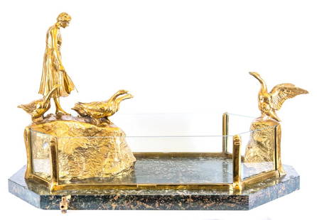 Friedrich Gornik (1877-1943) The Pond: Item/Description: Art Nouveau bronze & marble terrarium, by F. Gornik. The Pond / Guiding the Geese. An unusual Austrian terrarium / table fountain. Dore bronze figural group depicting a peasant girl