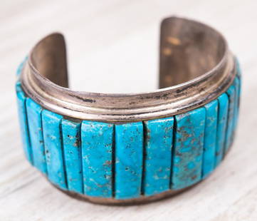 Vintage Signed Silver & Turquoise Cuff Bracelet: Item/Description: Gorgeous, heavy studio art signed cuff. Native American. Rectangular slivers of bright turquoise stones, channel set across cuff. Makers marks. Studio art piece. (Hopi) Material: