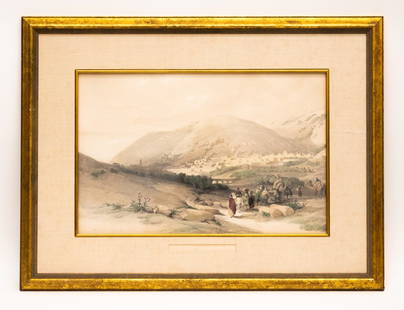 David Roberts Nablus Hand Colored Lithograph: Item/Description: Nablus Shechem (Ancient Shechem), hand-colored and embellished lithograph. View of the ancient city of Shechem (also known as Nablus). Marked on frame: Robsinov / Mar 19 1975 or