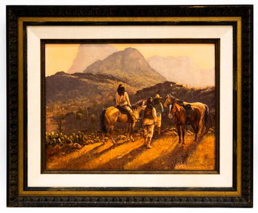 Bill Bender (1919 - 2016) Western Landscape: Item/Description: Figural landscape features Native Americans and their horses in front of mountain range. Signed Bill Bender 72 lower left. Bill Bender was a working cowboy and Western artist whose