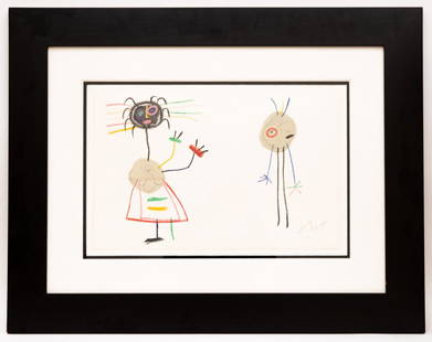 Signed Joan Miro Lithograph: Item/Description: Figural abstract lithograph depicts two figures. Untitled, M 1020. Printer: Mourlot, Paris. Certificate of Authenticity on back. Material: Print framed under glass. Dimensions: