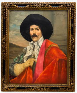 Alexis D'Ambrossi (19/20th Century) Portrait: Item/Description: Signed Italian Portrait of a Cavalier. Signed on back. (Musketeer) Material: Oil on canvas. Dimensions: Image size: Height: 31 1/2"; Width: 25". Framed: Height: 38"; Width: 32". 