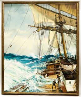 Signed Oil Seascape, F. Sanchis: Item/Description: Dramatic oil painting depicts struggling deckhands on a ship amidst rough seas. Signed F. Sanchis lower left. (marine, seascape) Material: Oil on canvas, framed. Dimensions: