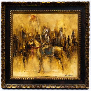 Frank R. Carmelitano (1935 - 2003) Oil Painting: Item/Description: Original oil painting features noble, mounted horseman with sword unsheathed; onlookers in background. Signed lower right. (Knight, Warrior, Don Quixote) Abstract painter and