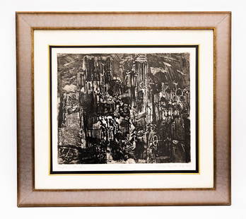 Rudy Pozzatti (American 1925), Night in Etruria: Item/Description: Pencil signed, titled and numbered lithograph in brushed silver tone frame. Signed and dated lower right, below plate: Rudy Pozzatti Imp. 1963; titled lower left, below plate: Night