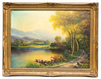 Paul Wesley (19/20th century) Catskill Picknickers: Item/Description: Figural landscape painting features the Catskill Mountains. Exquisite sun-drenched colors. Signed lower right. Titled on back of frame. Artist's copyright stamp on back of canvas. 