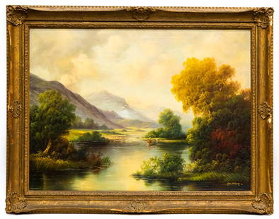 Paul Wesley "Lake Fishing in the Catskills": Item/Description: Figural landscape painting features a lake and the Catskill Mountains. Exquisite sun-drenched colors. Dreamy effect. Signed lower right. Titled on back of frame. Artist's copyright