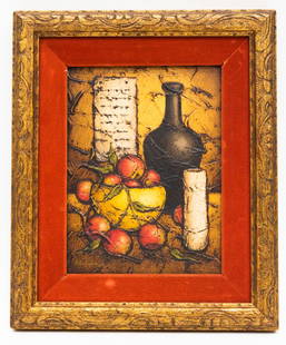 Impasto Mid Century Still Life, Signed: Item/Description: Oil painting features still life of fruit and wine in thickly applied paint. Signed lower left, Unknown artist, illegibly signed. Material: Oil on board. Dimensions: Image size: