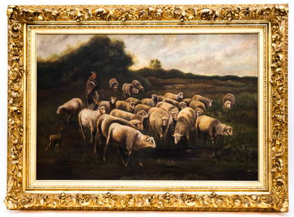 19th Century Pastoral Scene: Item/Description: Antique oil painting features herd of sheep Signed lower right. Unknown artist, illegible signature. Material: Oil on canvas. Dimensions: Image size: Height: 19 1/2"; Width: 29