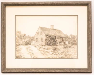 Signed Pencil Drawing, J.E. Hickson: Item/Description: Framed pencil drawing of a Cape Cod home. Signed and dated lower right. Artist info on back. Material: Pencil on paper, framed under glass. Dimensions: Image size: Height: 8";