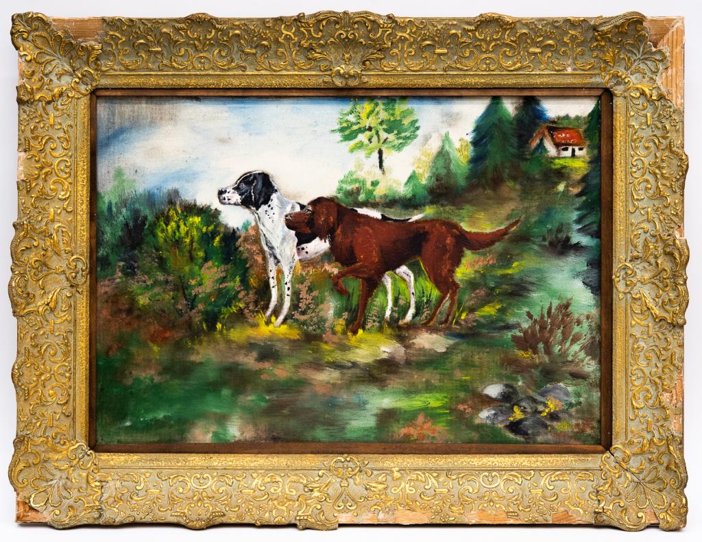 Hunting Dogs Oil Painting: Item/Description: Oil painting features two hunting dogs, one in pointing stance, in a field with small home in the background. Unknown artist, no noticeable signature. Paint has bled through to back 