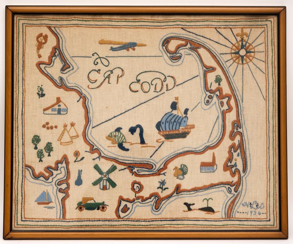 Framed Cape Cod Needlework Map: Item/Description: Vintage Cap Codd (Cape Cod) Embroidered Map. 'Cap Codd' as the locals say it, and as is spelled on this 1930s piece of Americana. (Textile Art, Sampler, Cross Stitch, Antique, Massac
