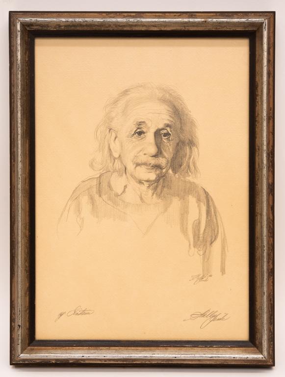 Shelly (Sheldon) Fink (USA, 1925-2002) Einstein: Item/Description: Portrait Print of Albert Einstein. Artist Proof, Pencil signed; A.P. Einstein. Signed and dated in plate. Sheldon Fink was born in 1925 in Brooklyn, NY. He attended the High School o