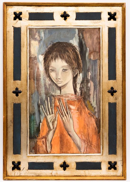 Signed Mid Century Modern Portrait: Item/Description: Modernist religious portrait oil painting. Carved and painted frame. Signed lower left. Unknown artist, illegible signature. Taped on back: Made in Spain -5-149. Material: Oil on boa
