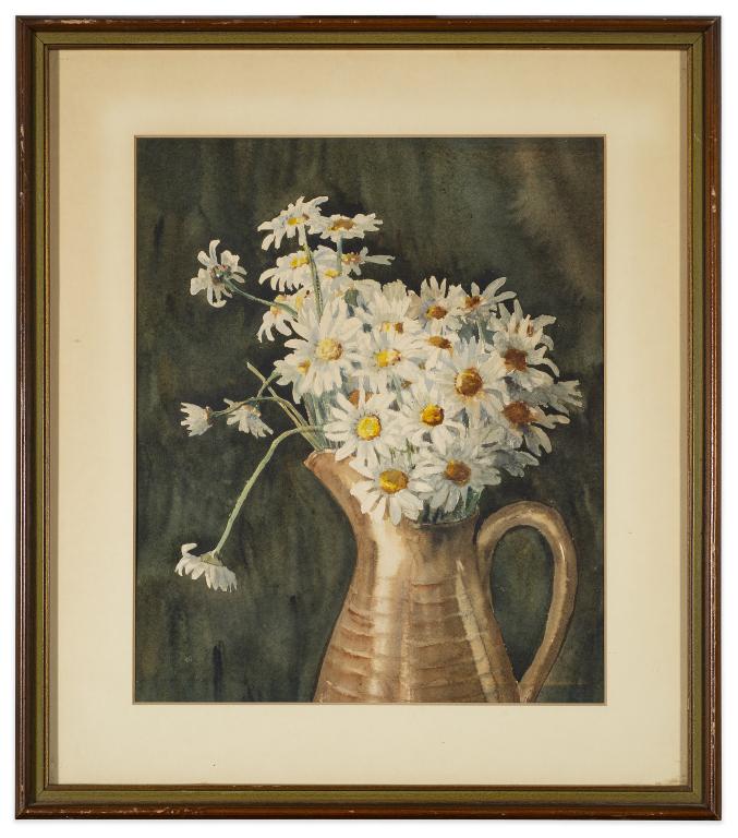 Watercolor Still Life Painting: Item/Description: Still life watercolor painting features daisies in a pitcher. Unknown artist, no noticeable signature. Material: Watercolor framed under glass. Dimensions: Image size: Height: 11 3/4