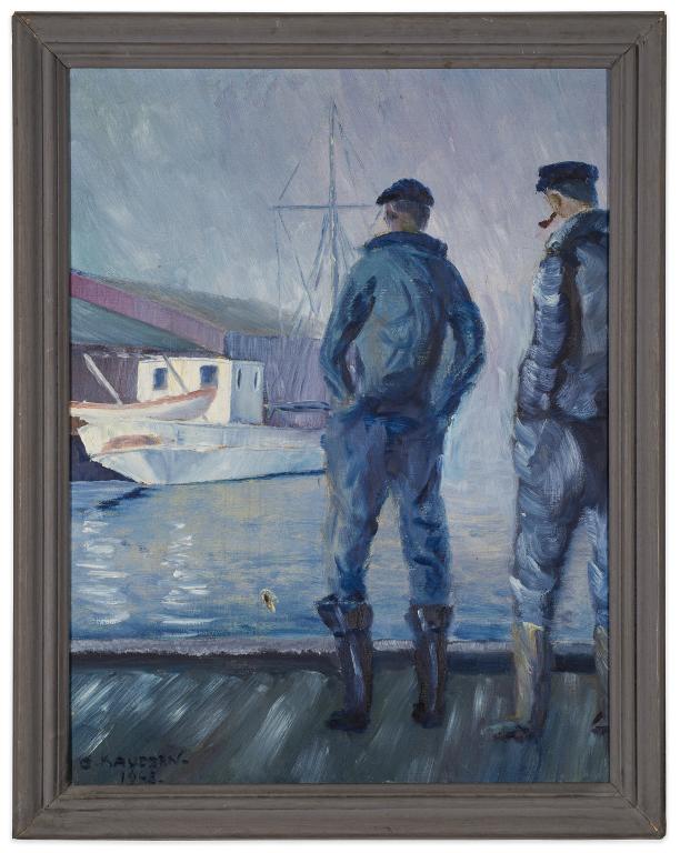Gosta Kaudern (Sweden), Figural Harbor Scene: Item/Description: Oil painting features two longshoremen looking out over the docks. Signed and dated lower left G. Kaudern 1948. Gosta Kaudern (1915-1991, Sweden) Material: Oil on board. Dimensions: 