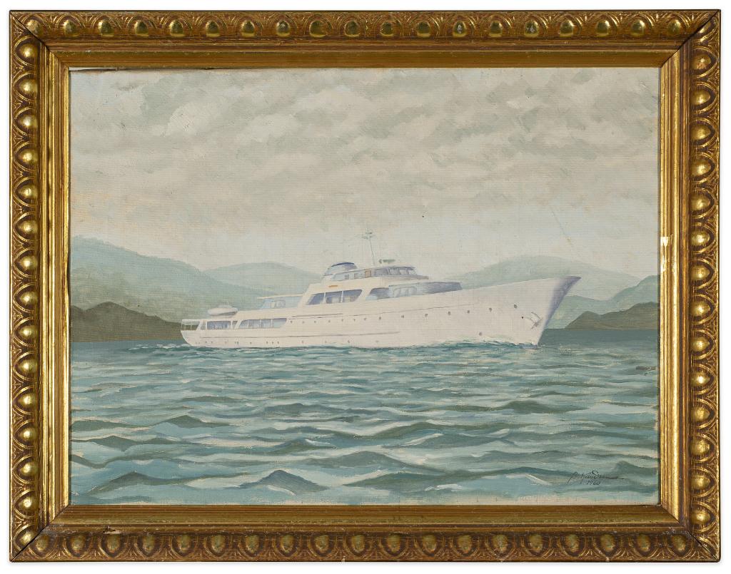 Bertil Kaudern, Mid Century Seascape with Ship: Item/Description: Original oil painting features large yacht at sea. Signed and dated lower right: B. Kaudern 1960. (Sweden) Material: Oil on canvas. Dimensions: Image size: Height: 17 3/4"; Width: 23