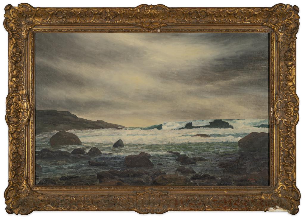 Bertil Kaudern, Signed Seascape: Item/Description: Waves crashing over rocks. Signed and dated lower right: B. Kaudern 1955. Written on verso in part: hoststorm vid harnons. (Harnon is an island in Sweden) Material: Oil on canvas. Di
