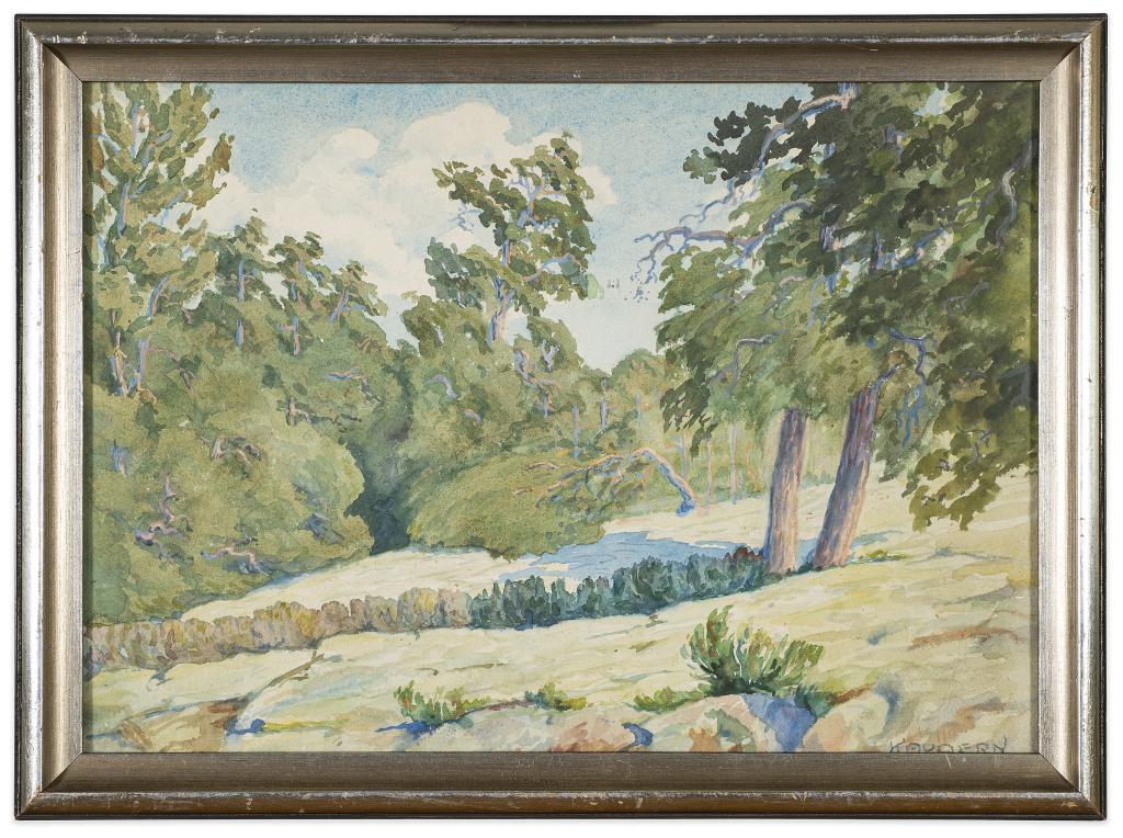 Axel Kaudern (1915-1991) Swedish Landscape: Item/Description: Wooded landscape watercolor painting. Signed lower right: Kaudern. Axel Kaudern (Sweden) was known for photography and painting. Material: Watercolor framed under glass. Dimensions: 