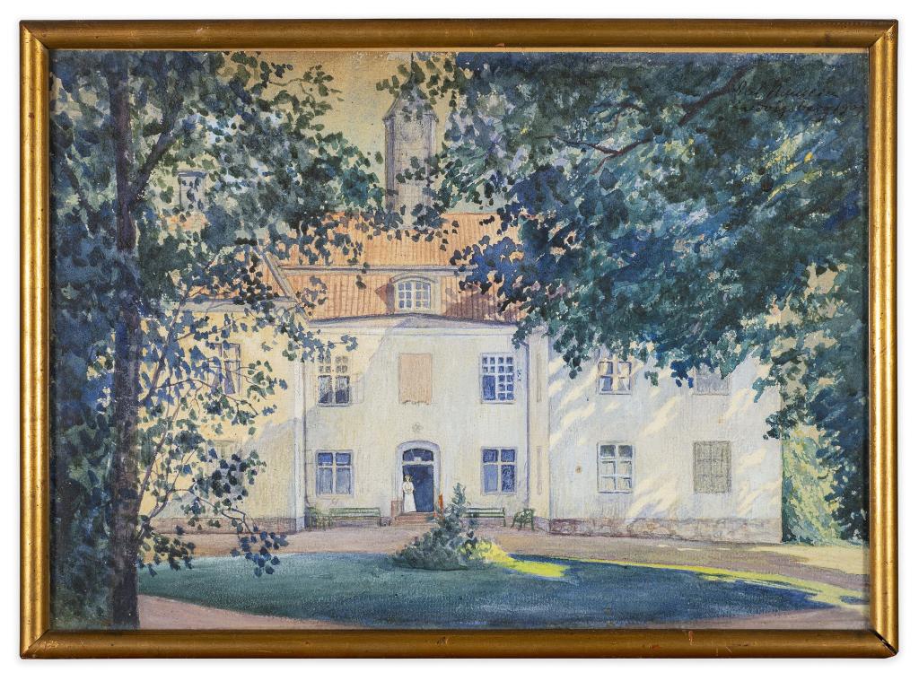 Axel Kaudern (1878-1952) Swedish Watercolor: Item/Description: Framed antique watercolor painting features large clock tower building with woman in white standing in the doorway. Signed and dated upper right. Material: Watercolor framed under gl