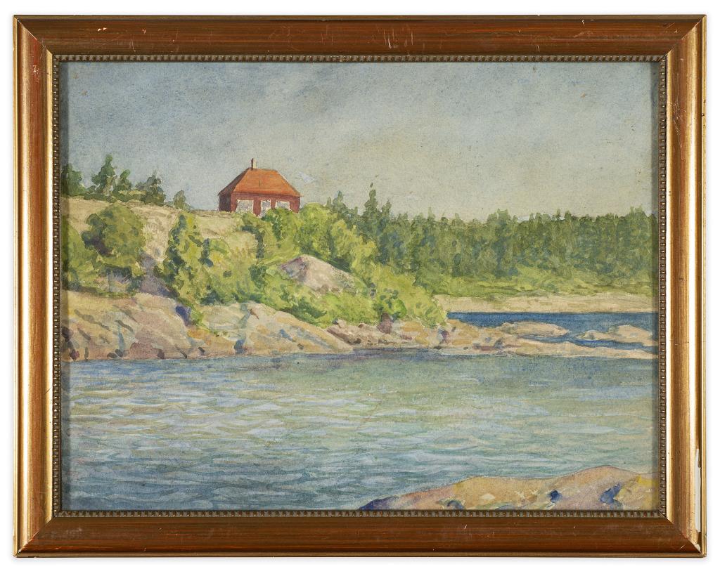 Watercolor Landscape, Bertil Kaudern: Item/Description: Swedish landscape painting features small red house on a seaside cliff. Written on back in part: Kaudern / Bertil / (translated) by my father Axel Kaudern. Material: Watercolor frame