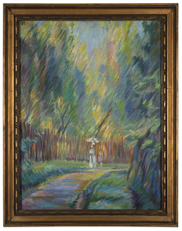 Antique Impressionist Figural Landscape Painting: Item/Description: Painting features woman with parasol walking with a child down a tree-lined path. Unknown artist, no noticeable signature. Material: Oil on canvas. Dimensions: Image size: Height: 26