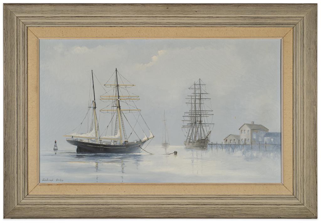 Frederick Fields Maritime Oil Painting: Item/Description: Tall-masted ships in a harbor. Signed lower left. Witten on verso: Painted by Frederick Fields / Dec. 1963 / Laguna Beach, Calif. Material: Oil on canvas. Dimensions: Image size: Hei