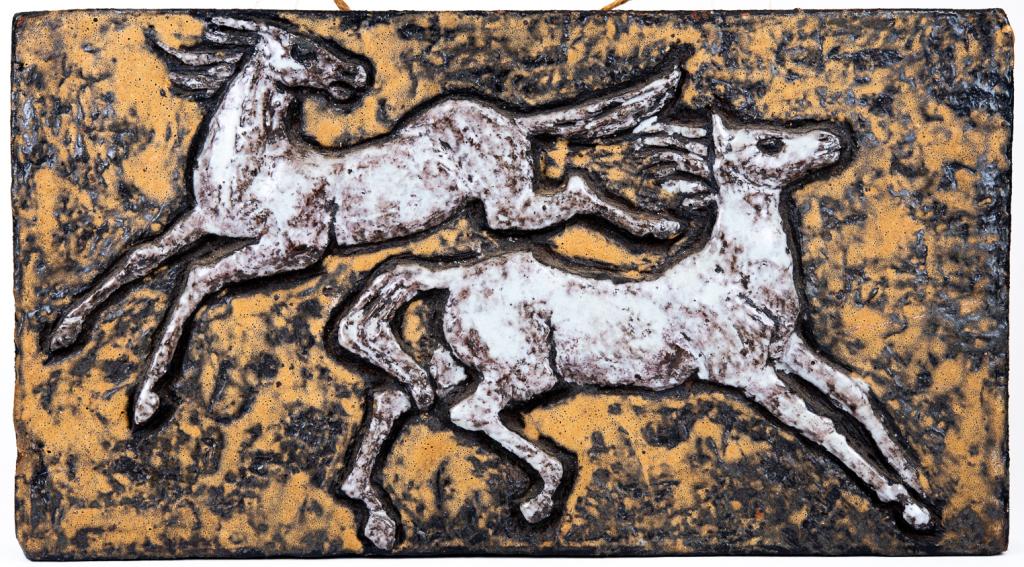 Wall Hanging Glazed Terracotta Horse Plaque: Item/Description: Glazed terracotta tile / plaque features two white horses. No noticeable signature or makers marks. Has string for hanging. (earthenware, stoneware; primitive; Southwestern art.) Mat