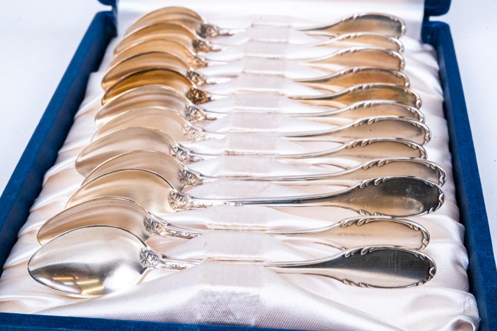W. A. Bolin Sterling Demitasse Spoon Set: Item/Description: Antique Sterling Silver Demitasse Set by W. A. Bolin of Stockholm. Includes 12 beautifully crafted petite spoons ready for engraving. Each bears the Swiss hallmarks: WAB/Monarch/Thre