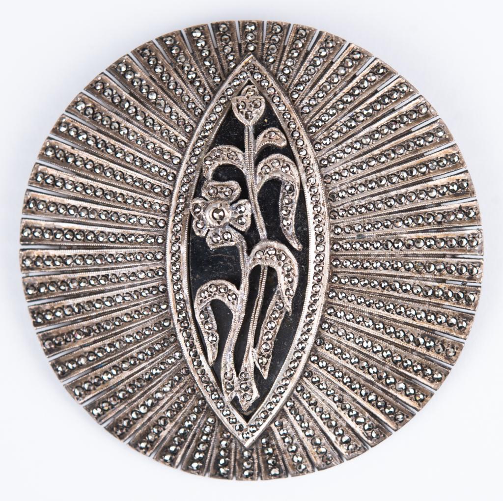 Art Deco Sterling Marcasite Flower Pin Brooch: Item/Description: Fabulous Antique Art Deco Sterling Silver Floral Pin Brooch. Round sunburst, surface encrusted with tiny, hand-set sparkling marcasites. Center black glass elipse framed in marcasite