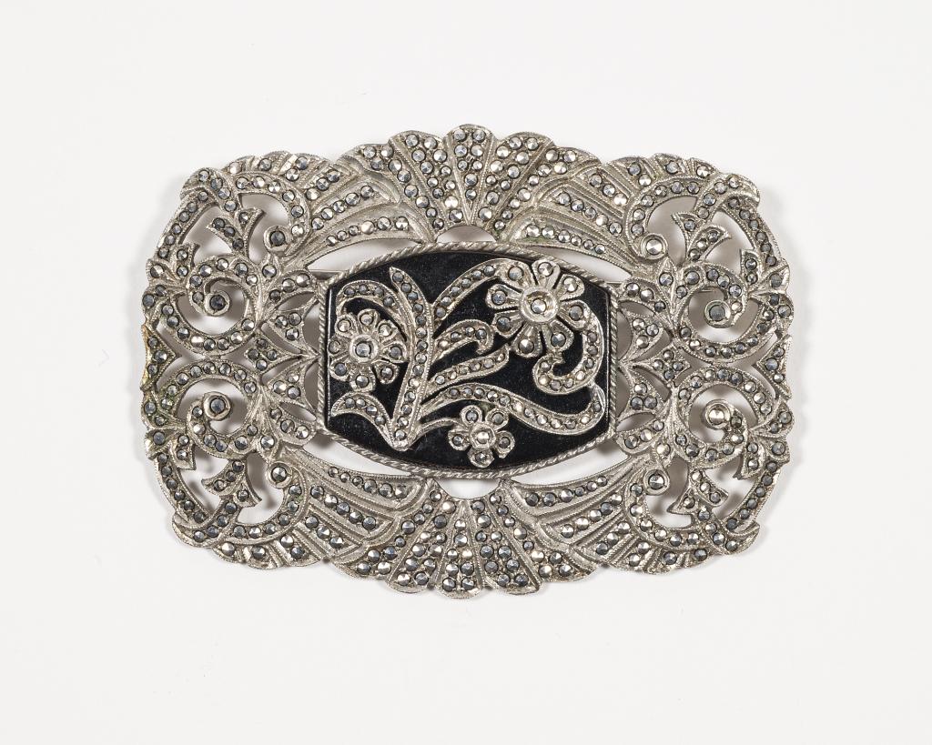 Art Deco Sterling Vijoben Marcasite Flower Brooch: Item/Description: Fabulous Signed Antique Deco Brooch in Sterling Silver, encrusted with hand-set sparkly marcasites. Stylized rectangle with open pierce-work, scalloped edges, swirly floral motif. Ce