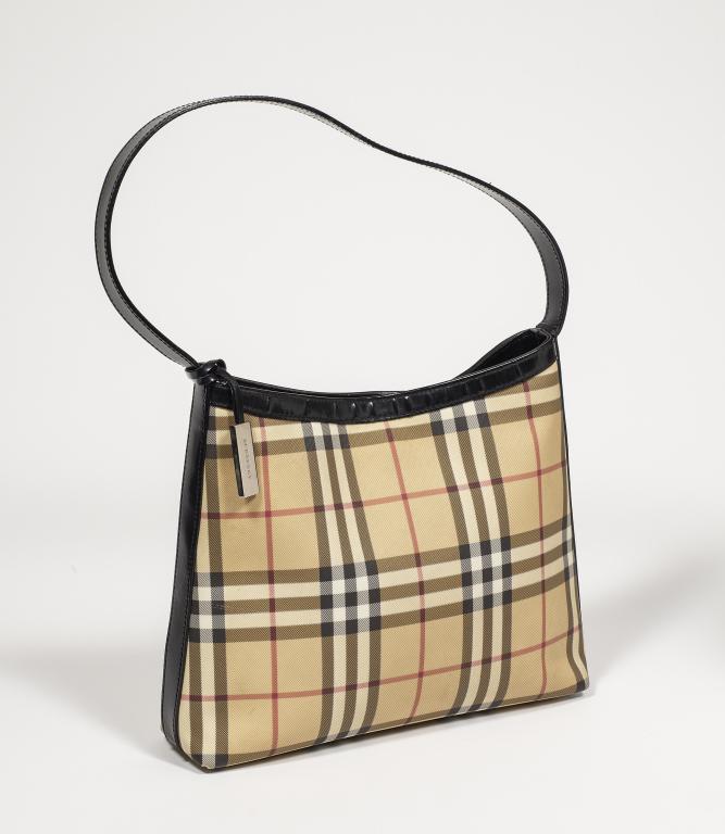 Burberry London Nova Check Tote Bag: Item/Description: Classic Burberry London Nova Check Tote with Dust Bag. New and appears unworn. Coated Canvas in beige, black, tan and red. Silver-tone removable Burberry hangtag. Snap closure. Flat